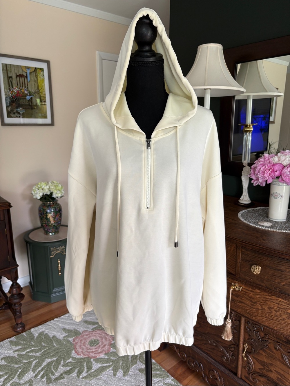 Cable & Gauge Sport Cream Oversized Half Zip Hoodie Sweatshirt XL